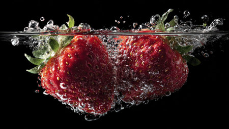 Two vibrant red strawberries are depicted partially submerged in water, surrounded by droplets. The composition features a dark background, creating a high-contrast effect. The image suggests a clean, fresh aesthetic, suitable for advertising or editorial purposes, and possibly used in food-related campaigns.の素材
