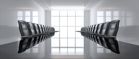 A modern conference room is presented with two rows of chairs facing each other across a reflective table. The image features high-key lighting and a minimalistic design with black leather chairs. The setting is indoors, suggesting business or corporate usage, suitable for various commercial and editorial applications.の素材