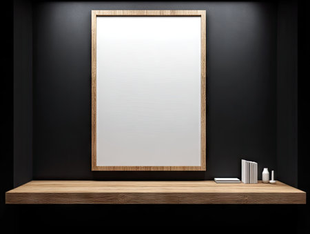 An empty rectangular frame hangs on a dark wall above a wooden shelf. The shelf holds small objects. The image displays neutral tones with areas of contrasting brightness. The composition uses a centrally aligned focus with a focus on minimalism, suitable for design or concept representation.の素材