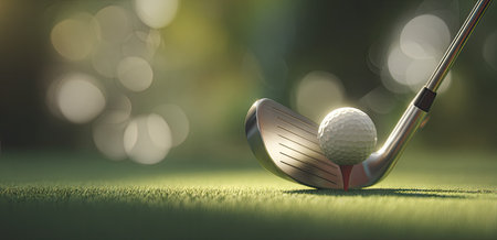 A golf ball sits on a tee, positioned for a swing. The image showcases the ball and club against green grass, lit by soft lighting. The composition utilizes a shallow depth of field, with a blurred background. This image could be used for various editorial or commercial purposes.の素材
