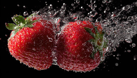 Two vibrant red strawberries are depicted with water splashing around them. The close-up captures water droplets creating a dynamic visual effect. The scene uses high-key lighting against a dark backdrop, giving a sense of freshness and highlighting the texture. Suitable for various commercial applications such as advertising.の素材