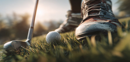 A low-angle perspective shows a golf ball resting on green grass, positioned near a golf club. The scene includes close-up of footwear, suggesting an outdoor activity. The image features a warm lighting, implying a daytime environment. This composition can be utilized for sports related editorials.の素材