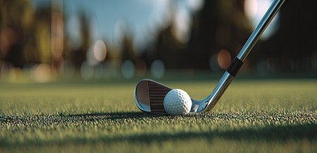 An overhead shot presents a golf ball resting on the grass, set to be struck by a club. The image displays a shallow depth of field, featuring the ball and the club. Green grass with some trees in the background. Suitable for various commercial applications and editorial use.の素材