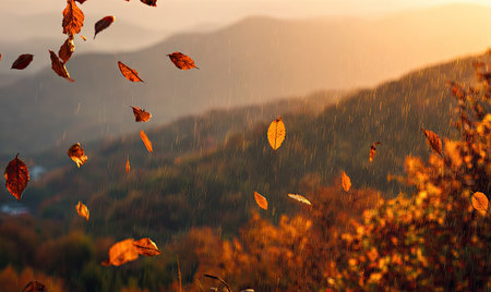 Captured outdoors, this image showcases falling autumn leaves set against a backdrop of rolling hills and mountains. The composition uses warm tones and natural lighting to create a scenic visual. Ideal for illustrations, backgrounds or advertising material, it can be applied in various editorial or commercial projects.の素材