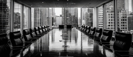 A grayscale image depicts an empty conference room, featuring a long polished table and multiple leather chairs. Large windows reveal an urban skyline. The composition utilizes symmetry and reflective surfaces. This imagery is suitable for illustrating themes of business, meetings, or corporate environments.の素材