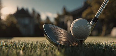 A golf ball sits ready to be struck by a club on lush green grass. The image features a low-angle perspective with soft lighting. The composition creates depth of field with a blurred background hinting at an outdoor setting. Suitable for commercial or editorial use related to sports and leisure.の素材