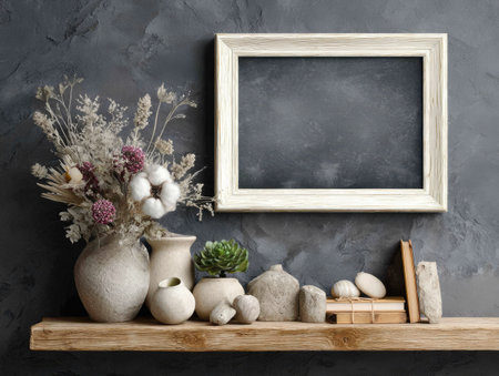 A still life features a wooden shelf displaying a decorative dried floral arrangement in ceramic vases and an empty framed picture against a textured gray wall. The composition employs muted colors, natural textures, and balanced lighting. The image is suitable for use in home decor, interior design, or artistic concept projects.の素材