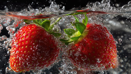 Two ripe red strawberries are submerged in clear water, creating a dynamic splash of bubbles. The image showcases vibrant red hues against a dark background. The composition highlights freshness and vitality, suitable for culinary, health, or wellness-related editorial and commercial applications. The play of light and shadow emphasizes the texture of the fruit.の素材
