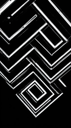 Abstract image presents a geometric pattern of illuminated lines. The arrangement of shapes creates a dynamic composition with high contrast and sharp angles. The monochrome color scheme and overhead lighting suggest a modern architectural or technological environment. Suitable for various commercial and creative projects.の素材