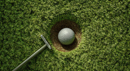 An overhead shot shows a golf ball positioned in a hole on a meticulously maintained green. The scene features vibrant green grass and the textured surface of the ball, along with the end of a golf club. Suitable for illustrations concerning leisure activities and sports themes.の素材