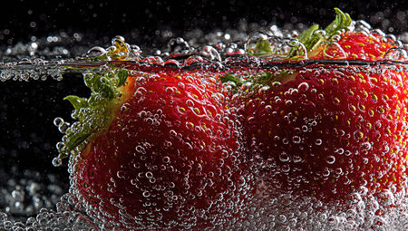 Two ripe red strawberries are suspended in clear, bubbly water. The image showcases vibrant red hues against a dark background. The composition highlights textures through droplets and sparkling effervescence. This visual is suitable for illustrating freshness, health, and food-related content, usable in multiple editorial and advertising contexts.の素材