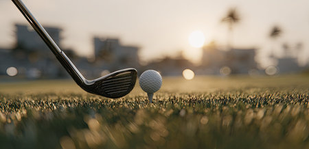 A close-up shot captures a golf club about to hit a golf ball resting on a tee. The image displays a shallow depth of field with green grass in focus. Warm tones of the setting sun create a serene outdoor environment. Suitable for sports, leisure, and activity related content.の素材
