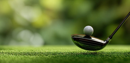 A golf ball is poised on a club head, situated on neatly trimmed green grass. The image showcases a close-up view of the equipment, against a backdrop of blurred green foliage. This scene suggests an outdoor setting, possibly a golf course. Suitable for various editorial and commercial purposes related to sports or leisure.の素材