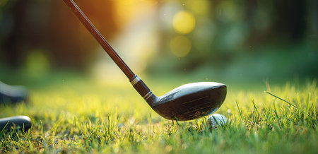 An overhead shot features a golf club positioned above a ball on a grassy surface. The scene showcases green grass, with a blurred background suggesting an outdoor setting. The sunlight creates a warm, inviting ambiance. This image would be suitable for various commercial and editorial applications related to sports and recreation.の素材