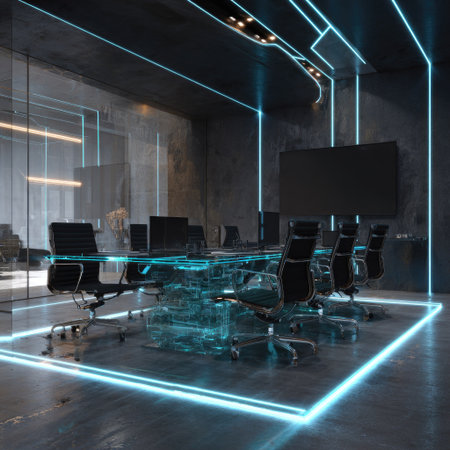 A modern conference room features a large transparent table and black chairs. Neon blue lines illuminate the space, emphasizing a high-tech feel. The composition utilizes a minimalist style with dark colors and a bright lighting scheme. Suitable for architectural visualization or commercial design projects.の素材