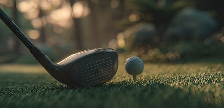 A golf club poised over a golf ball on a tee, ready to strike. The scene is set outdoors on a green, grassy course, possibly at dusk or dawn with soft lighting. The composition focuses on the equipment and the setting. Suitable for commercial or editorial use.の素材