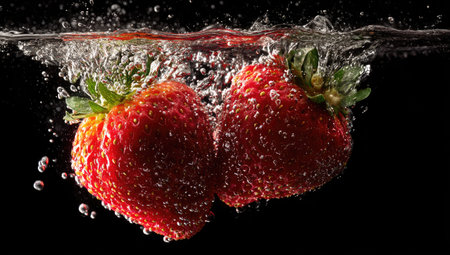 Two vibrant red strawberries are captured mid-splash as they enter the water. The composition is clean, with water droplets and bubbles against a dark background. The overall style highlights freshness. This image could be suitable for advertising purposes.の素材