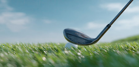 A golf club strikes a golf ball on a vibrant green field. The image showcases a shallow depth of field, emphasizing the ball and club. The composition features green grass, a white ball, and a blue sky. This scene evokes a feeling of sport, competition, and outdoor activity, ideal for various editorial and commercial applications.の素材