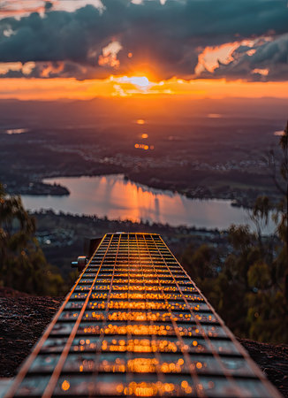 The image displays a guitar fretboard with a stunning sunset backdrop. The composition features a blurred foreground and a sharp focus on the distant horizon. Warm tones and reflections on the water and fretboard suggest an outdoor setting during the golden hour. This scene is suitable for various creative and commercial applications.の素材