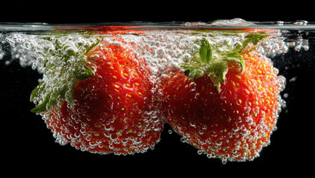 Two vibrant red strawberries are submerged in water, creating a dynamic visual. Numerous bubbles surround the fruit, suggesting movement and freshness. The composition utilizes a dark backdrop to emphasize the bright colors and textures, potentially suitable for advertising or food-related content.の素材