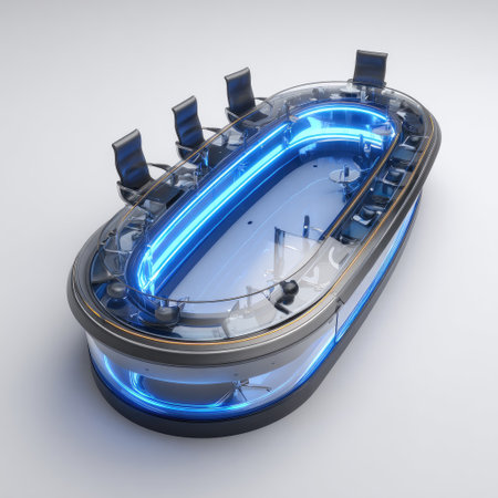 An overhead view presents a futuristic conference table illuminated with glowing blue neon lights. The table features a transparent design, complemented by modern, dark chairs. The composition uses a clean, white backdrop, highlighting the table's design. Suitable for visual content related to technology, business, or design, it offers copy space for text.の素材