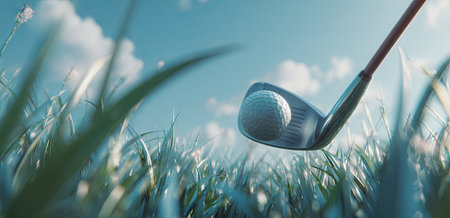 A golf ball being hit by a club is seen in the foreground, with lush green grass and a bright blue sky. The image employs a shallow depth of field, emphasizing the ball and club. This could be used for sporting promotions, recreational materials, or articles about outdoor activities.の素材