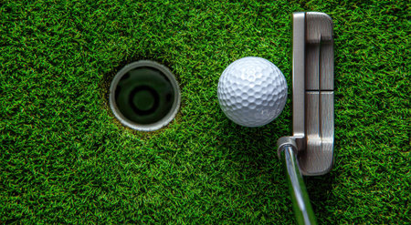 A golf ball and putter rest on a meticulously maintained green, beside the hole. The image showcases a close-up view with vibrant green grass contrasting against the white ball and metallic putter. This scene, with its overhead lighting, can be used for commercial and editorial projects. The shot suggests a perfect moment on the golf course.の素材