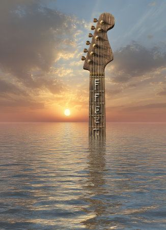 A stylized guitar headstock emerges from tranquil water, with the word 'FLOAT' inscribed. The composition presents a warm color palette of oranges and blues, reflecting the sunset. Gentle lighting enhances the textured wood of the guitar against a serene aquatic environment. This image could serve creative purposes in music-related projects.の素材