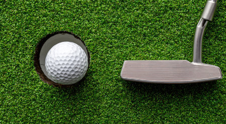 A golf ball rests near the hole, beside a putter. The scene is captured from above. The synthetic grass is bright green. The composition highlights precision in a game. It can be used in materials relating to sport, leisure, or business.の素材