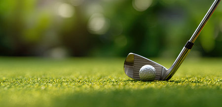 A golf ball rests near a club on a meticulously manicured green surface. The close-up shot displays lush grass and a blurred background. The image exhibits soft lighting and natural colors suggesting an outdoor daytime setting, suitable for editorial and commercial purposes.の素材