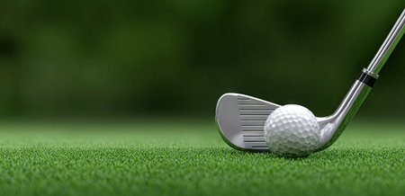 A golf ball rests near a metal club head on vibrant green grass. The close-up composition shows a soft-focus background, suggesting an outdoor setting. This image is suitable for various commercial applications, including editorial content, marketing materials, or websites related to sports and leisure.の素材