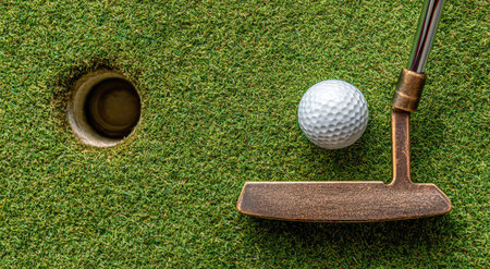 A golf ball sits close to the hole, ready to be putted, with a golf club positioned for the shot. The image features a close-up view with vivid green grass, a brown golf club and a white golf ball. It might be suitable for sports publications or advertising.の素材