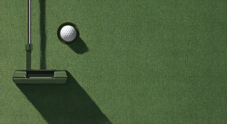 An overhead shot features a golf ball positioned near the hole with a club. The green texture creates a soft visual feel. This image may be useful for commercial projects or editorial content related to sports, leisure, or recreation. The lighting creates a distinct shadow on the playing surface.の素材