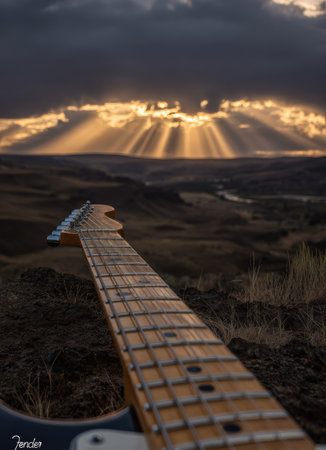 A guitar neck is positioned towards the horizon in this image, with beams of sunlight breaking through a dark, cloudy sky. The landscape appears as a rolling field, with a sense of openness and natural beauty. The composition, colors, and lighting suggest possible use for musical themes or artistic projects.の素材