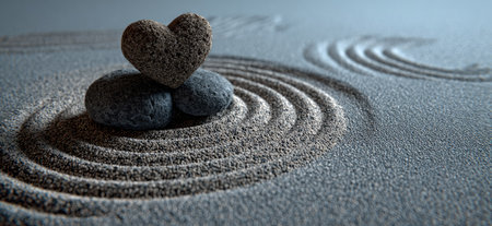 A heart-shaped stone rests on top of rounded rocks in a meditative composition. The scene showcases a zen garden with sand and concentric circular patterns. The color palette includes gray and brown tones. The image could be used for commercial and editorial purposes, symbolizing peace and balance.の素材