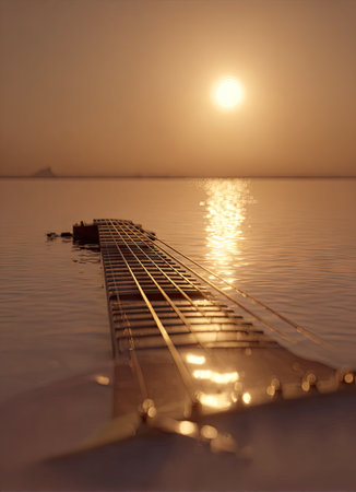 A guitar neck floats in calm water, reflecting the warm light of the setting sun. The image presents a low-angle view emphasizing the instrument's details and the water's texture. The colors are predominantly golden and orange, suggesting a tranquil outdoor setting, suitable for artistic or conceptual projects.の素材
