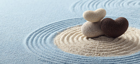 Three heart-shaped stones rest atop a sand garden, creating a minimalist composition. The textured surfaces of the stones contrast with the smooth, raked patterns in the sand. The image features a soft color palette, enhanced by the indirect lighting. This serene scene may be suitable for various editorial or commercial applications.の素材