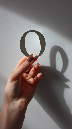 A hand with manicured nails holds a cutout letter O, casting a defined shadow on a plain white surface. The composition emphasizes light and shadow, creating a minimalist and graphic aesthetic. The neutral color palette and clean lines make it suitable for various design projects and conceptual illustrations.の素材