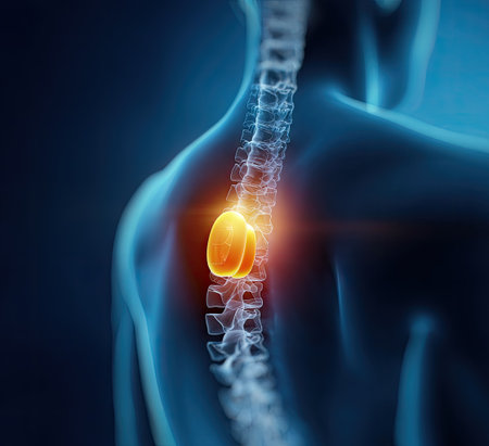 This illustration showcases a detailed view of a human spine with a vibrant, glowing highlight. The image uses a cool color palette, primarily blues and yellows, creating a sense of depth. The lighting highlights the structure, suggesting a scientific or medical context. It's suitable for educational materials or illustrative purposes.の素材