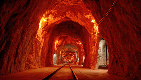 An interior perspective showcases a long tunnel illuminated by warm, orange lights. The tunnel features tracks running along the floor and walls of rough, textured stone. The lighting creates an atmosphere of depth and offers potential for various commercial and editorial purposes.の素材