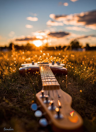 A guitar rests in a field of grass, the instrument's body and neck in sharp focus. The scene is bathed in warm sunlight, creating a bokeh effect in the background. The composition captures the guitar in its natural setting. This image could be suitable for various editorial and promotional purposes.の素材
