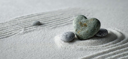 The image depicts a heart-shaped stone in a zen garden, accompanied by smaller pebbles. The scene showcases a white sand surface with carefully raked lines. The composition is a serene and tranquil representation. Suitable for various projects concerning meditation or peaceful concepts.の素材