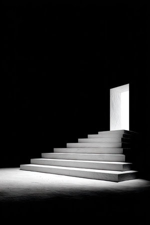 An upward-facing staircase, brightly lit, leads to a doorway emitting intense light in a dark environment. The minimalist composition focuses on geometric forms and stark contrast. The scene suggests a conceptual representation, suitable for various commercial applications, including advertising and editorial use.の素材