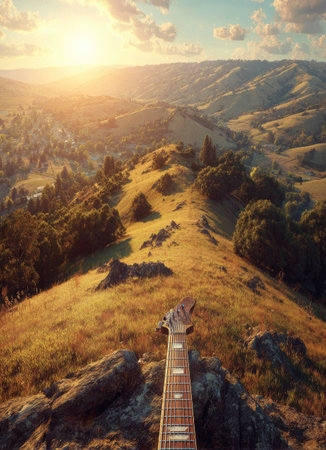 A guitar neck sits atop a mountain ridge in this scenic outdoor view. The composition showcases a landscape under bright sunlight, where golden hues and lush greenery dominate. The scene depicts a natural setting, possibly usable for creative projects.の素材