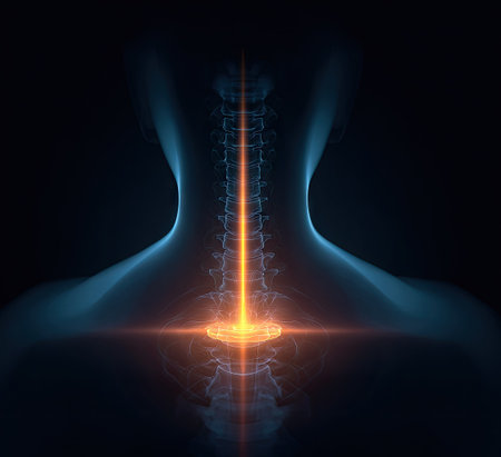 An artistic illustration presents the human spine radiating with beams of light. The artwork features a dark background with the body and spine highlighted in blue and orange hues. This image could be used for healthcare publications, medical educational materials, or design projects focused on anatomy and wellbeing.の素材