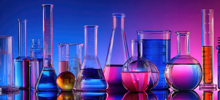 A vibrant array of laboratory glassware filled with colorful liquids is arranged against a gradient background. The composition showcases a variety of beakers, flasks, and graduated cylinders. The image uses a combination of bold colors, and strong lighting, suitable for illustrations concerning scientific discovery and research.の素材
