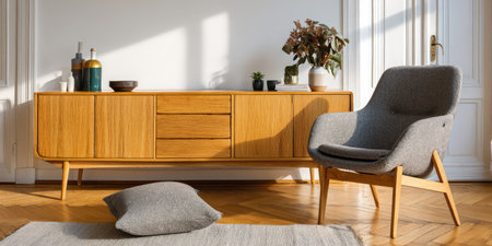 An indoor composition features a wooden sideboard and a comfortable gray armchair. The scene includes a rug and decorative elements with natural light pouring through a window. The image showcases a modern design aesthetic and has potential uses for design, home decor, and lifestyle publications.の素材