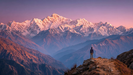 A solitary person stands atop a rocky outcrop, gazing at a majestic mountain range. The scene features a sunset with pastel colors of pink and purple. The image exhibits a natural style with soft lighting. Suitable for editorial, travel, or inspirational content, this image could be used to represent exploration.の素材