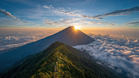 A towering mountain dominates the composition, its peak piercing through a sea of clouds illuminated by a vibrant sunrise. The image showcases a gradient of colors from deep blue to bright orange. The scene evokes a sense of vastness and natural beauty, suitable for various commercial and editorial applications.の素材