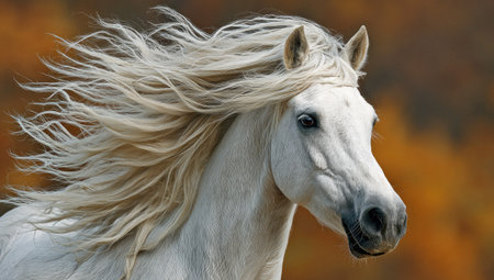 A close-up showcases a white horse with a flowing mane. The horse is the central focus with a soft, out-of-focus backdrop. The image presents natural colors and textures, with possible uses in advertising or editorial projects. The composition features a close-up perspective capturing the horse's features and graceful appearance.の素材